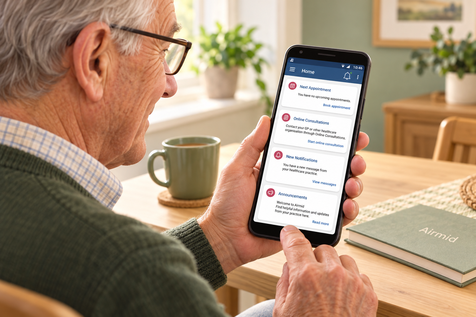 Illustration of an older man using the Airmid app on his phone