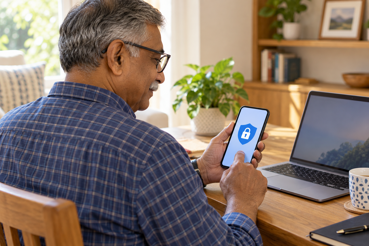 Illustration of an older man using a phone with a shield symbol representing digital safety