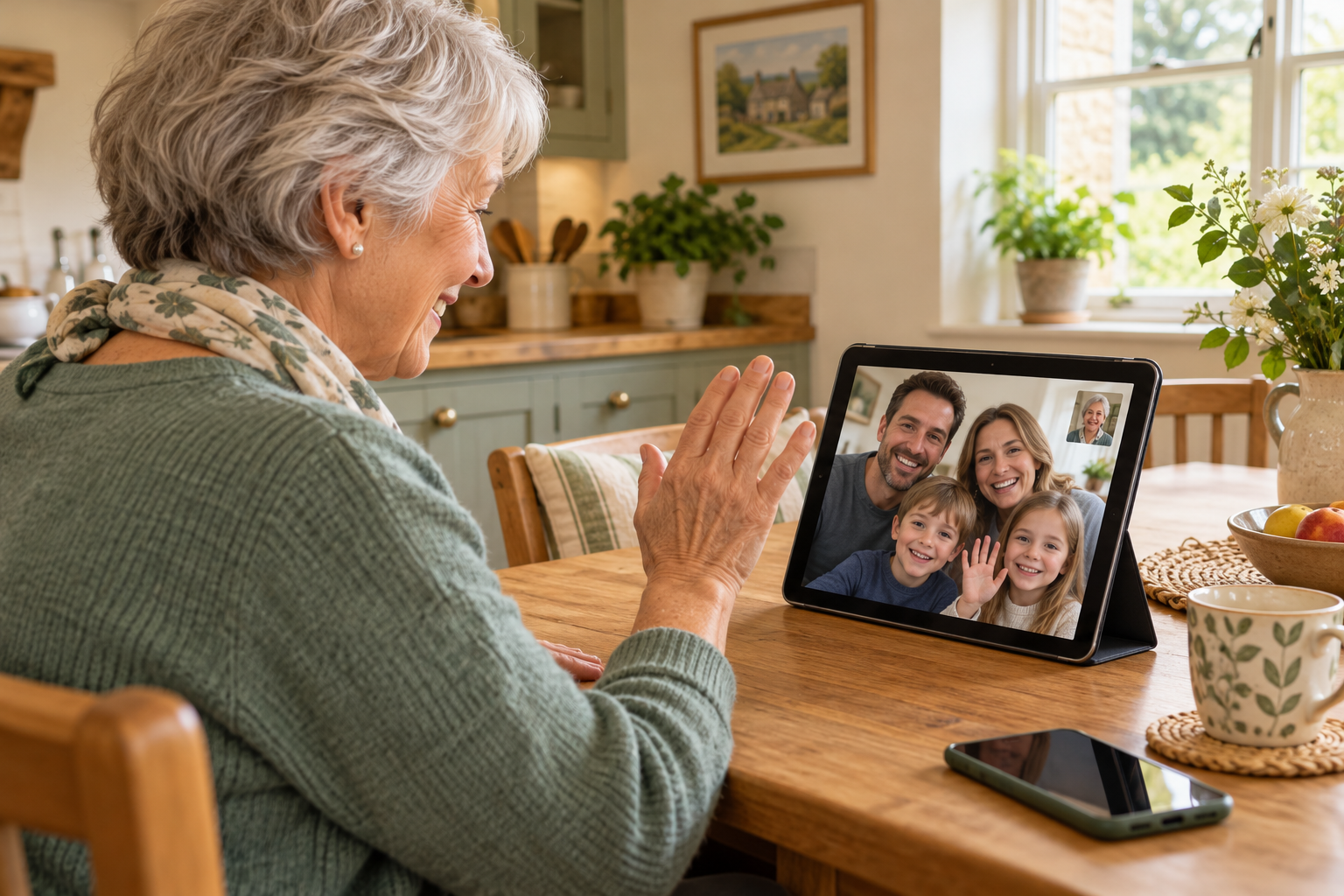 Illustration of an older woman enjoying a family video call on a tablet