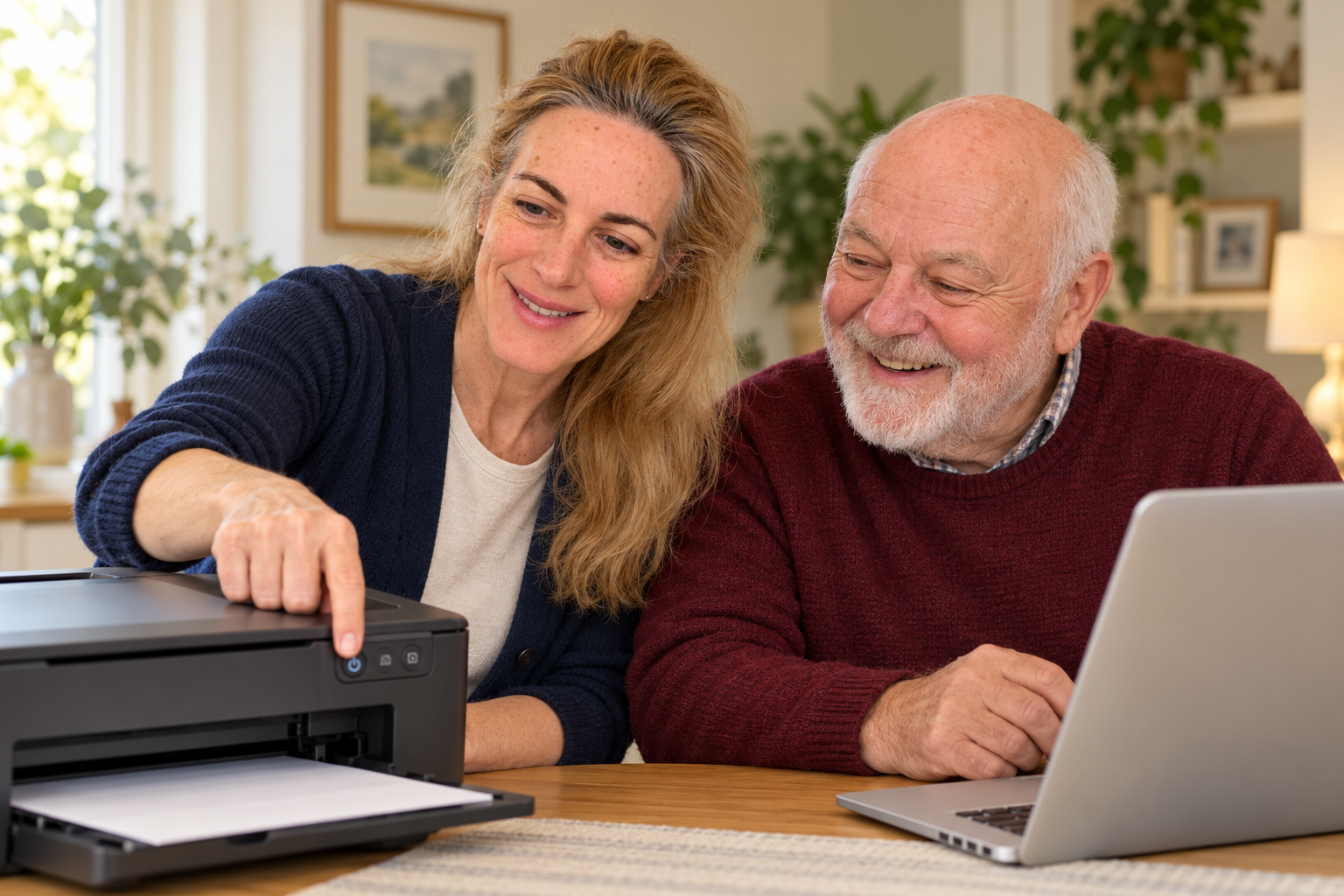Illustration of Pippa helping an older man set up a home printer