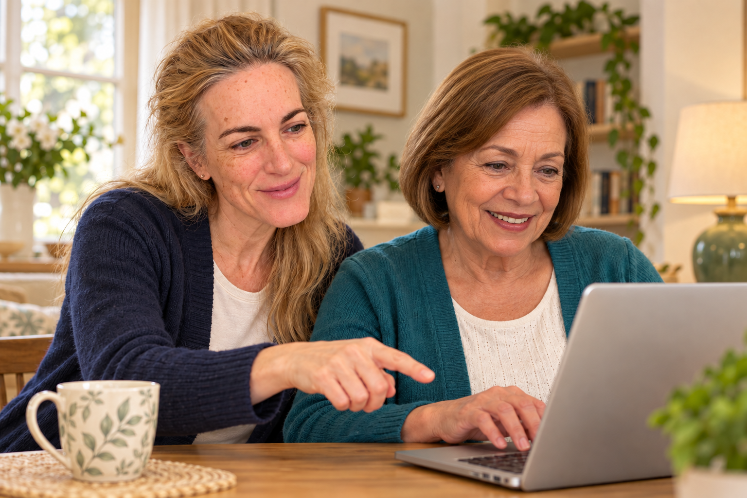 Illustration of an older woman practising on a laptop with friendly one-to-one support